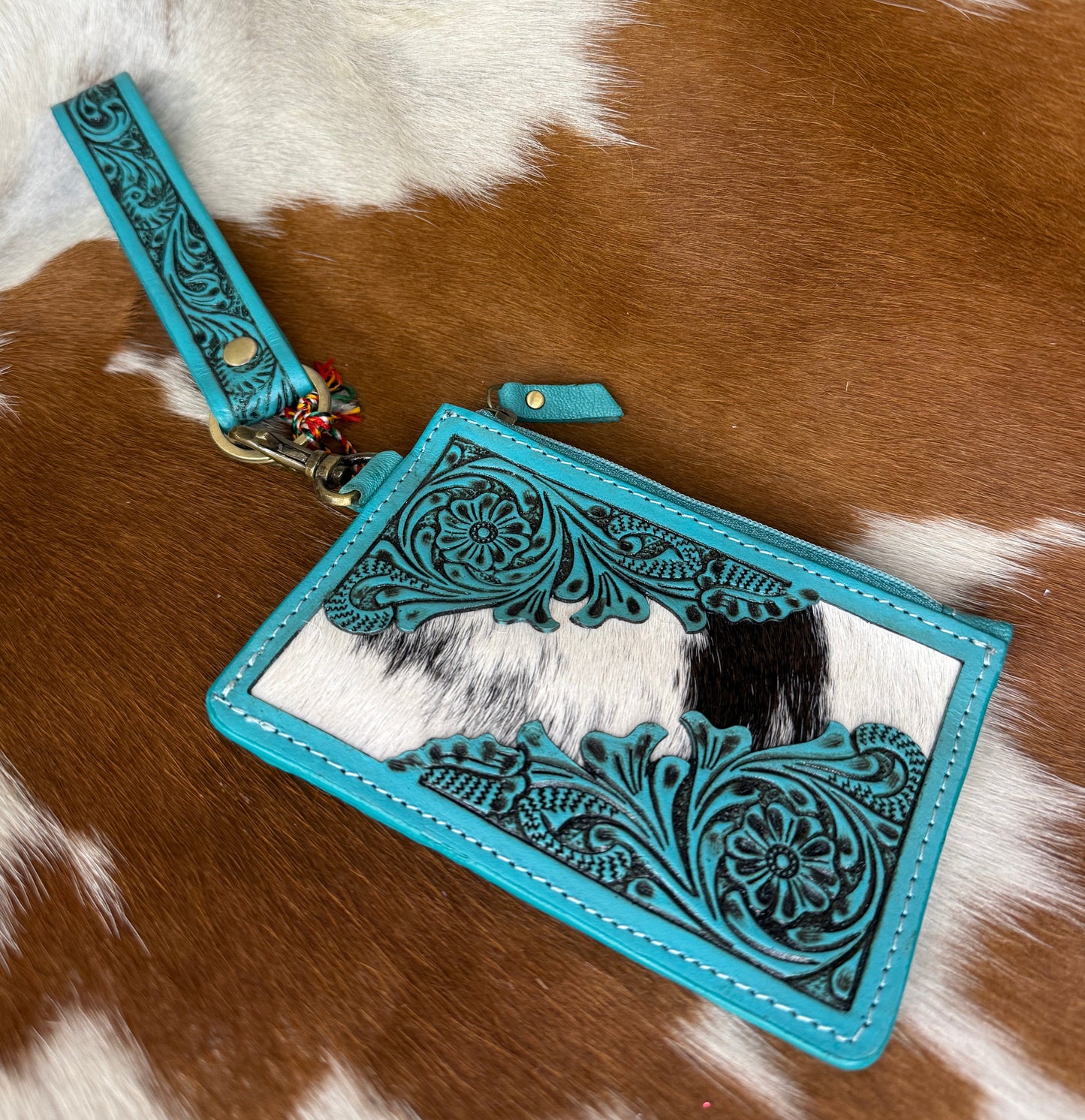 Sage River Handtooled Hairon Leather Card Holder In Frontier Aqua