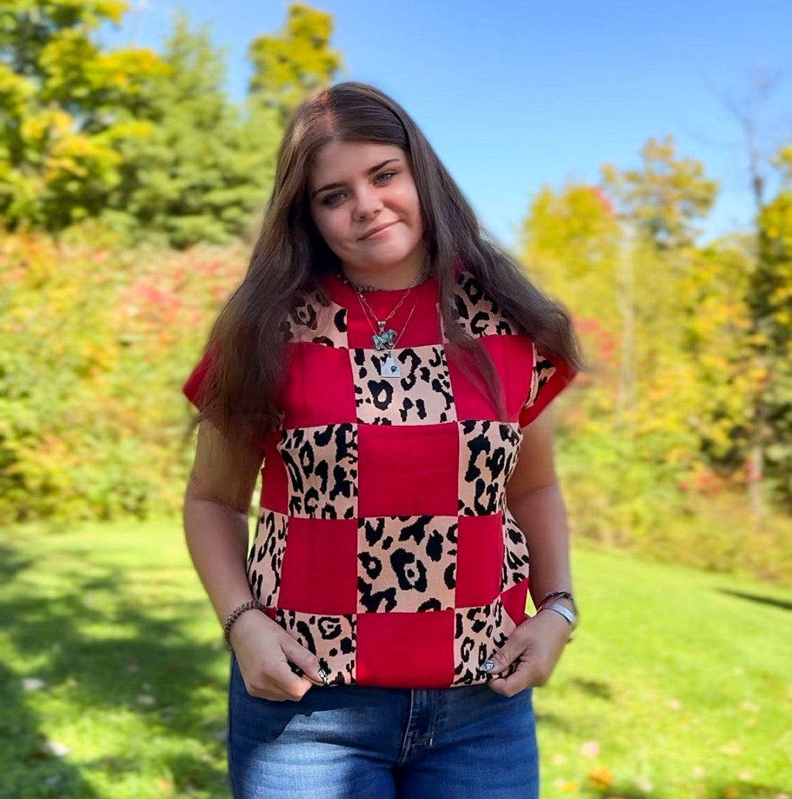 Red Cheetah Checker Knit Sweater