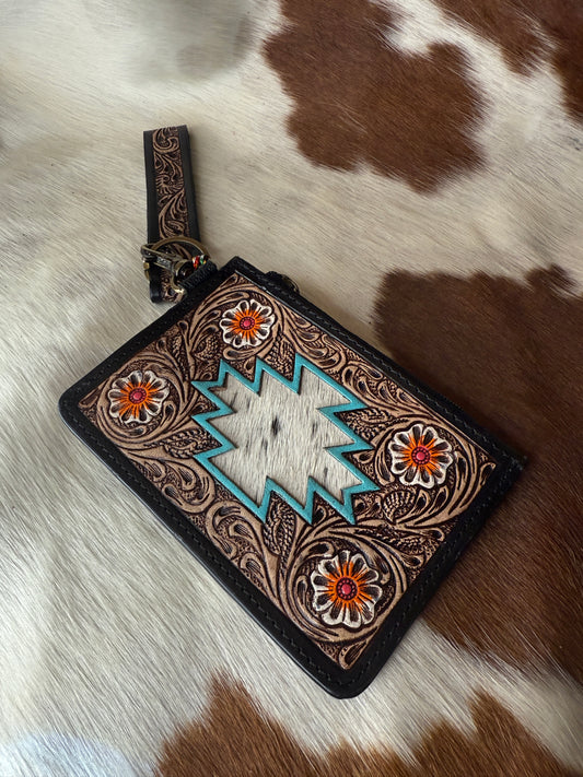 Navajo Sky Handtooled Hairon Leather Card Holder